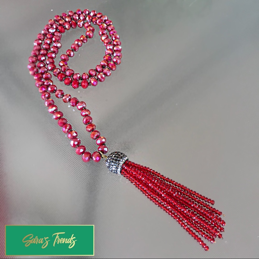 Red Crystal Bead Rhinestone Tassel Necklace
